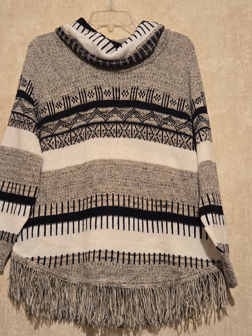 new directions Black, Gray & White Cowl Fringe Sweater